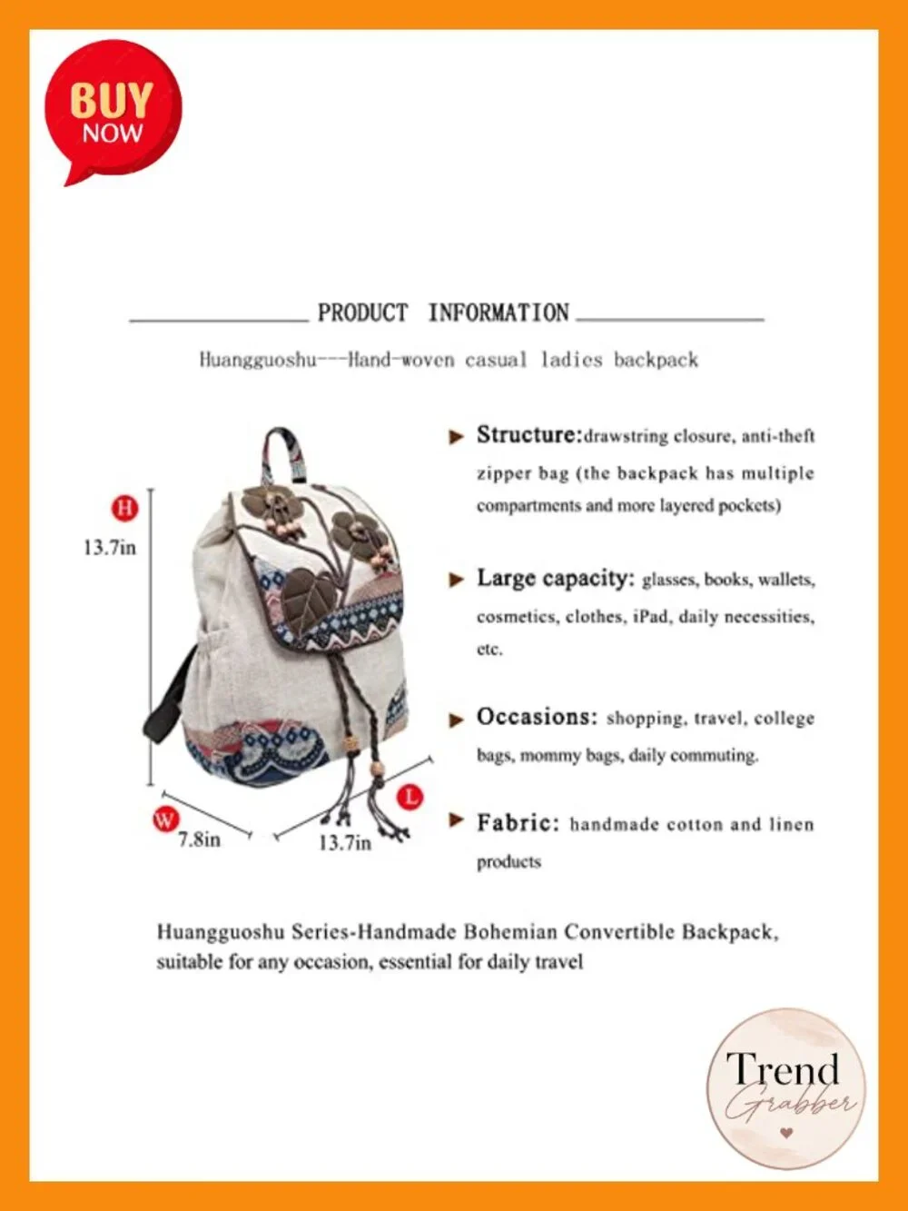 Vintage Boho Drawstring Anti-theft Convertible Backpack Purse Women Canvas